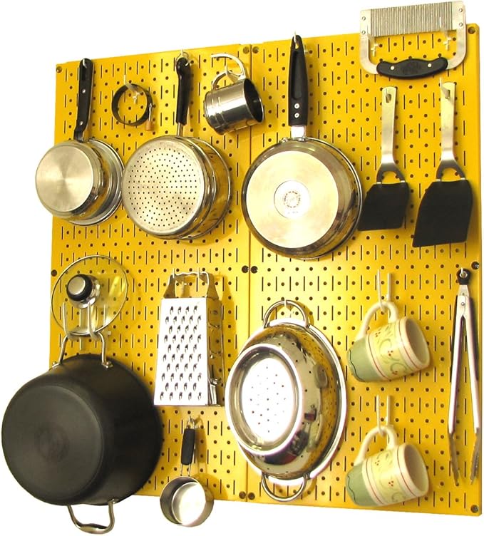 Wall Control Kitchen Pegboard Organizer Pots and Pans Storage Rack Organization Kit with Yellow Pegboard and White Accessorie