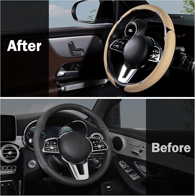 Car Steering Wheel Cover Leather Snap On 3Pcs Set Non-Slip Protector Wrap Steering Wheel Accessories 14.5-15 inch Universal B