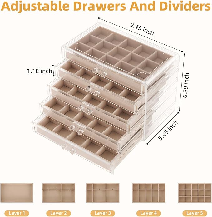 FEISCON Jewelry Box Organizer，Acrylic Storage Organizer with 5 Drawers Adjustable Velvet Trays grid size Jewelry Storage Box 