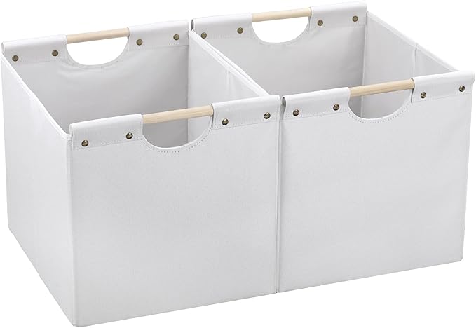 HOONEX Large Collapsible Storage Bins, Linen Fabric, Pack of 2, Storage Baskets with Wooden Carry Handles and Sturdy Heavy Ca