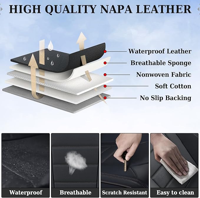 Coverado Seat Covers Full Set, Car Seat Cover Black, Seat Covers for Cars, Car Seat Protector, Nappa Leather Car Seat Cushion