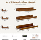 Pine Wood Rustic Floating Ledge Shelves Set of 3, 16 inches Width - Solid Pine, Walnut Finish - Kids' Room to Living Room Wal