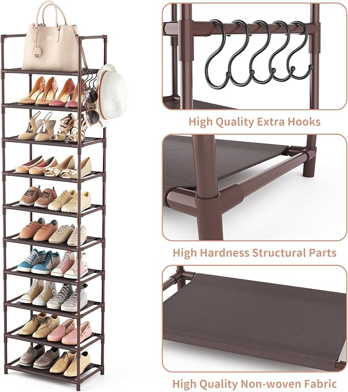 LANTEFUL 10 Tiers Tall Shoe Rack 20-25 Pairs Boots Organizer Storage Sturdy Narrow Shoe Shelf for Entryway, Closets with Hook