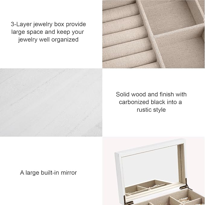 Meangood Jewelry Box Organizer for Women, 3 Layer Large Jewelry Storage Case, Rustic Wooden Jewelry Box with Mirror & Ring Tr