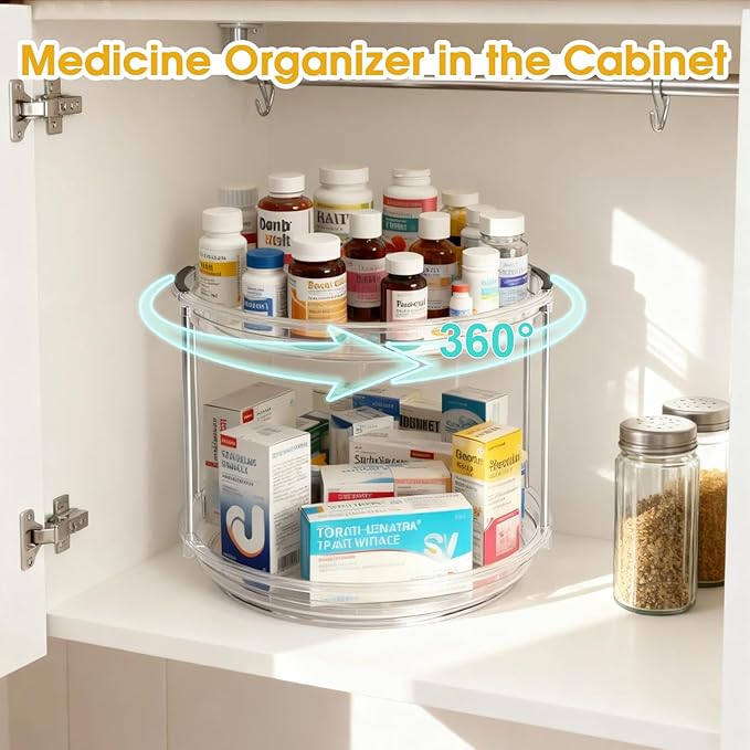 2 Pack Medicine Cabinet Organizer, Rotary Turntable Organizer for Medicine and Vitamin Bottles, Under Sink Organizer for Medi