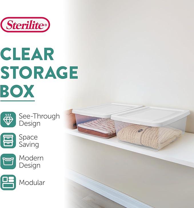 Sterilite 12 Pack Storage Box, 12 Quart Stackable Tote, Clear Plastic Container with Secure Snapping Lids for Home and Office