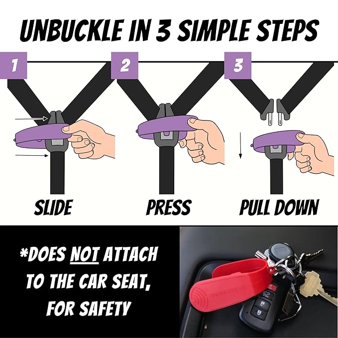 UnbuckleMe Car Seat Buckle Release Tool (As Seen on Shark Tank) - Easy Opener Aid for Arthritis, Long Nails, Older Kids - Button Pusher for Infant, Toddler Car Seats (2 Pack, Pink & Purple)