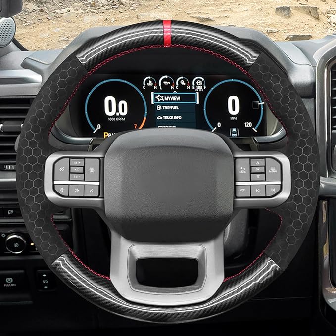 MEWANT DIY PU Carbon Fiber Hexagon Embossed Athsuede Steering Wheel Cover for Ford F150 Lightning F350 2024 Expedition