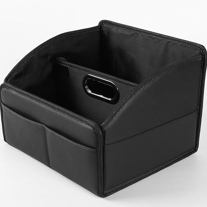 Car Storage Organizer [2025 UPDATED] Leather Car Caddy Basket for Front Seat Floor Back Seats Metal Handle 6 Compartments Adj