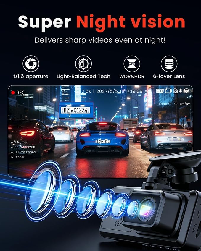 3 Channel Dash Camera for Cars,Triple Lens 4K+1080P+1080P Dash Cam Front Rear Inside,Built-in 5G WiFi & App, Night Vision,24H