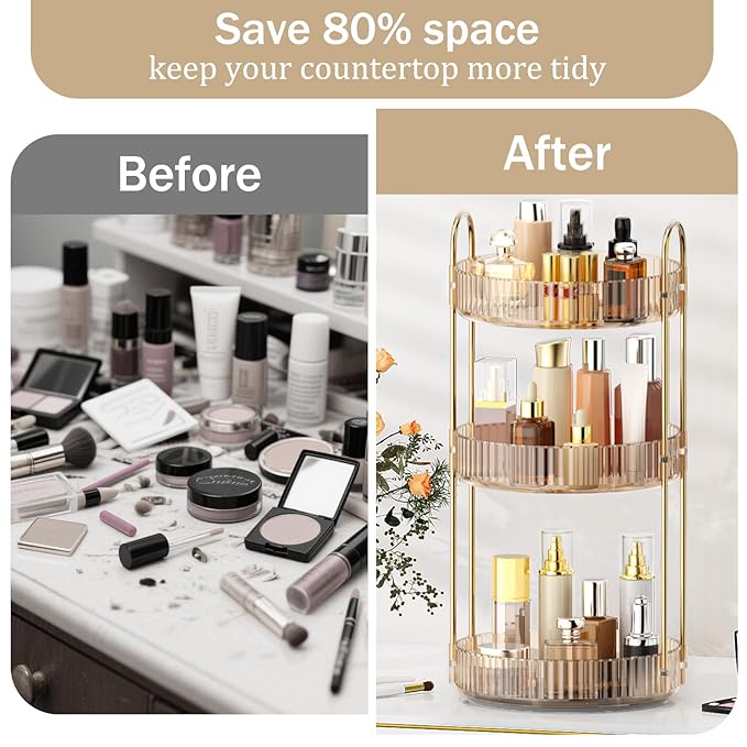 MOKANI 360 Rotating Makeup Organizer for Vanity, 3 Tier Adjustable Perfume Organizer for Dresser, Multi-Function Spinning Cos