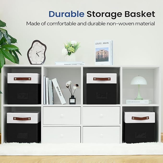 FinishingBo 6-Pack Storage Cubes with Handles & Label Holders Basket, Closet Cube Home Organizer Bins(White/Black, 10.5 x 10.