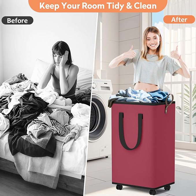 SpaceTrove Laundry Basket with Wheels, Collapsible Laundry Baskets, Laundry Hamper with Handles Detachable Wheels, Rolling La