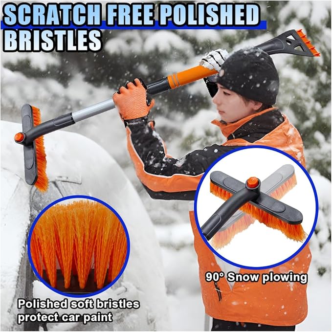 31.5" Detachable Snow Brush and Ice Scraper for Car Windshield, 2-in-1 Winter Snow Removal Tool with Extendable, 360° Rotating Soft Bristle Brush Head and Foam Grip for Most Vehicles (2PCS&Orange)
