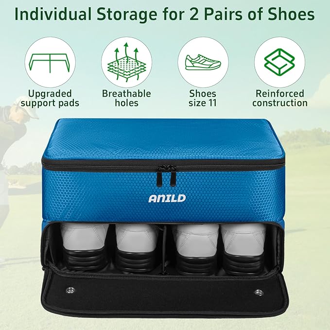 ANILD Golf Trunk Organizer, 2 Layer Golf Storage Case with Separate Ventilated Compartment for 2 Pair Shoes, for Balls, Tees,