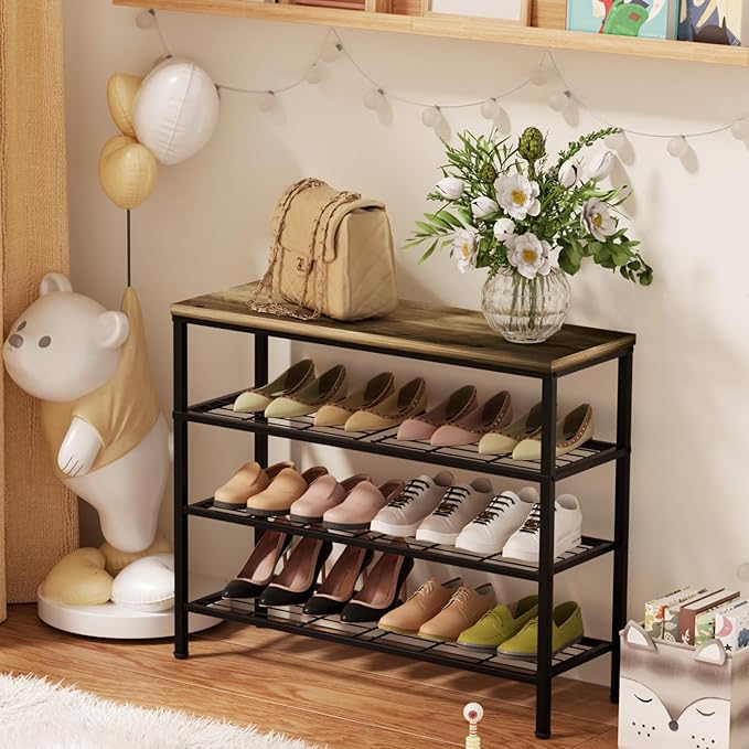 4-Tier Metal Shoe Rack with Wood Top - Durable & Space-Saving Shoe Organizer,Industrial Shoe Organizer Shelf Bench Storagefor
