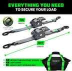 Rhino USA Retractable Ratchet Straps (4-Pack) - 2 Inch x 10 Feet (3,033lb Break Strength) - Heavy Duty Auto Self Retracting Tie Down Straps for Truck, Cargo Trailer, Motorcycle, Rad & More - Gray