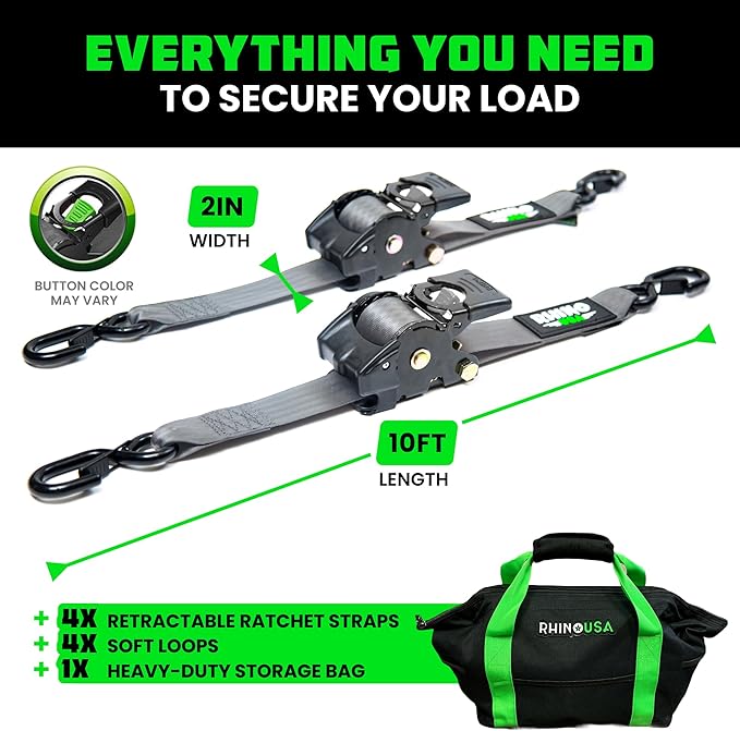 Rhino USA Retractable Ratchet Straps (4-Pack) - 2 Inch x 10 Feet (3,033lb Break Strength) - Heavy Duty Auto Self Retracting Tie Down Straps for Truck, Cargo Trailer, Motorcycle, Rad & More - Gray