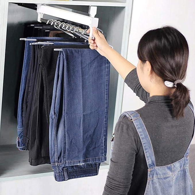Pull Out Trousers Rack, Pull Out Clothes Rail, Extendable Closet Rod, Wardrobe Organizer, Load 35kg for Wardrobe Closet Jeans