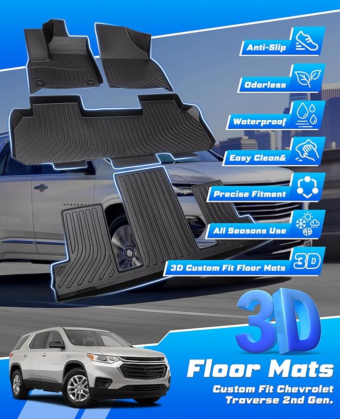 Sunsdrew Premium All-Weather Floor Mats for 2018-2024 Chevy Chevrolet Traverse 7-Seater TPE Heavy-Duty Car Floor Liner for Traverse Accessories(ONLY Fit 2nd Row Bucket Seats)