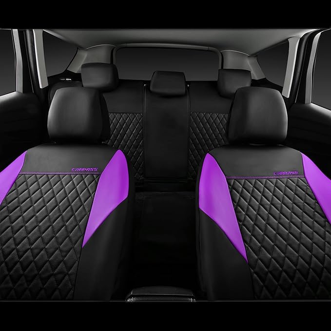 CAR PASS Purple Leather Seat Covers, Quilting Pretty Car Seat Cover with 5mm Composite Sponge Inside,Airbag Compatible,Univer