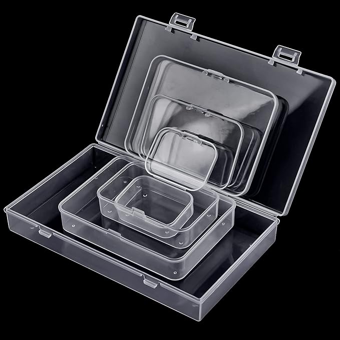 24 Pack Mixed Sizes Rectangular Mini Plastic Containers Clear Plastic Storage Boxes with Hinged Lids and Labels Empty Beads O