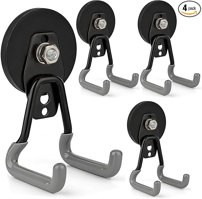 ULIBERMAGNET Upgraded Heavy Duty Magnetic Hooks,4 Pack Strong Large Magnet Hook for Power Drill,Garden Tools,Hose,Pegboard,Ga