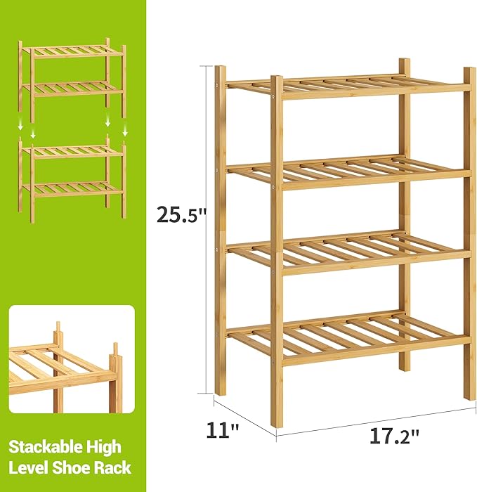 BMOSU 4-Tier Bamboo Small Shoe Rack Premium Stackable Shoe Shelf Storage Organizer for Hallway Closet Living Room Entryway Or