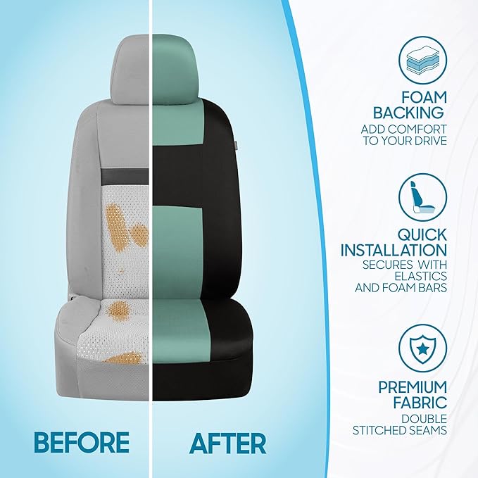 BDK PolyPro Car Seat Covers Full Set in Mint on Black – Front and Rear Split Bench Seat Covers Accessories for Auto Trucks Va