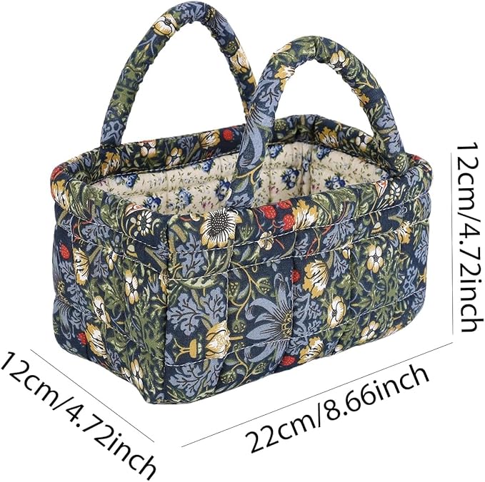 Small Storage Basket Organizer, Mini Fabric Floral Storage Baskets with Handle, Quilted Portable Collapsible Storage (Vine-Bl