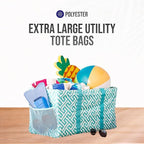 Extra Large Utility Tote Bag - Oversized Collapsible Reusable Wire Frame Rectangular Canvas Basket With Two Exterior Pockets For Beach, Pool, Laundry, Car Trunk, Storage - Geometric Teal