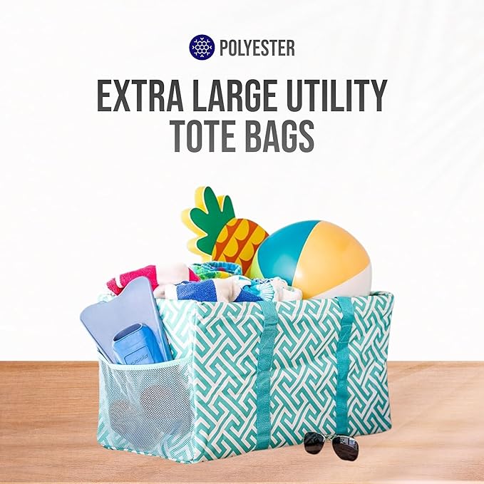 Extra Large Utility Tote Bag - Oversized Collapsible Reusable Wire Frame Rectangular Canvas Basket With Two Exterior Pockets For Beach, Pool, Laundry, Car Trunk, Storage - Geometric Teal