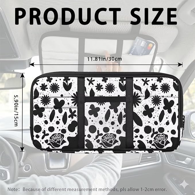 Floral Zippered Tactical Car Sun Visor Organizer with Adjustable Straps and Pockets Glasses Pouch with Storage Compartments and Card Holder Easy Installation Universal Fit for Most Cars SUV