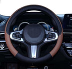SHIAWASENA Car Steering Wheel Cover, Leather, Universal 15 Inch Fit, Anti-Slip & Odor-Free (Black&Brown)