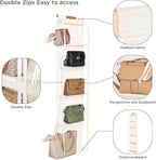 Syeeiex Hanging Handbag Purse Organizer with Zippers, 5 Mesh Shelves,Clear Slubbed Fabric+PVC Hanging Closet Bag Organizer, D