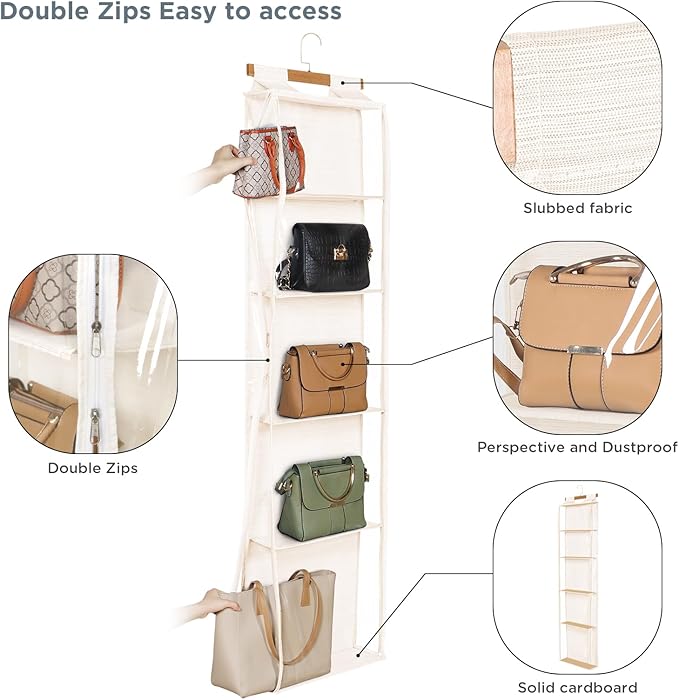 Syeeiex Hanging Handbag Purse Organizer with Zippers, 5 Mesh Shelves,Clear Slubbed Fabric+PVC Hanging Closet Bag Organizer, D