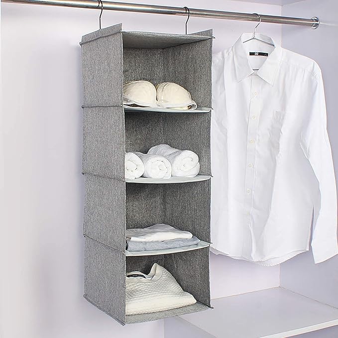 Hanging Closet Organizer, Easy Mount Collapsible 4-Shelf Camper Closet Wardrobe Hanging Storage Shelves, Folded Clothes Towel