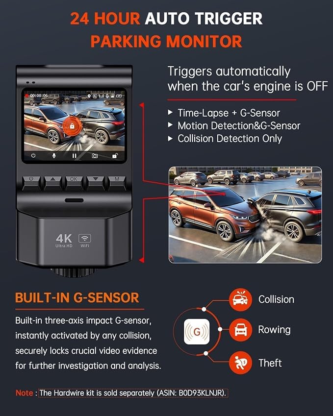 Dash Cam Front and Rear, 4K Ultra HD+1080P Dash Camera for Cars, Built-in Wi-Fi GPS, Included 32GB Card, 2.0'' IPS Screen Min