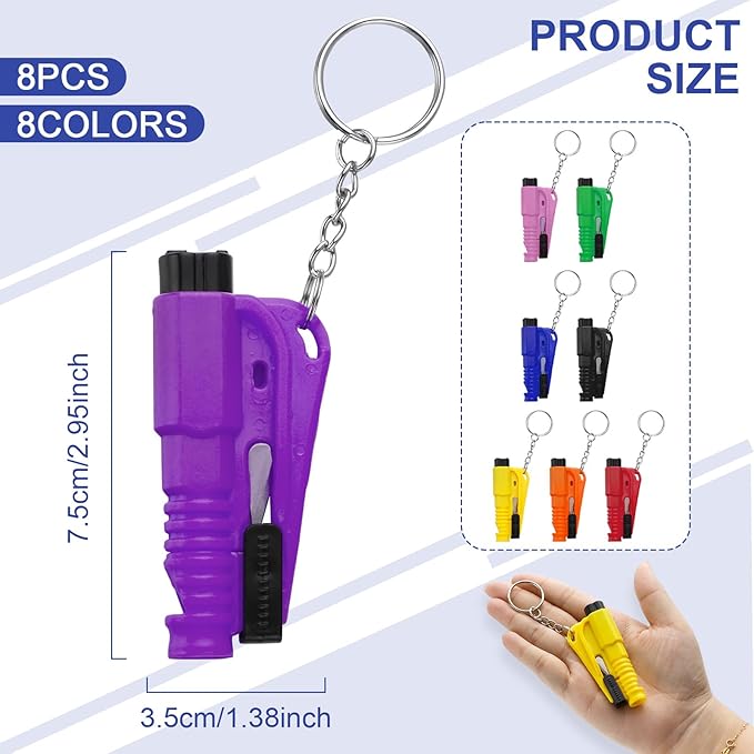 PIFOOG Pack of 8 Window Breaker Seatbelt Cutter Keychain 3-in-1 Car Escape Tool Mini Glass Breaker Seat Belt Cutters Survival