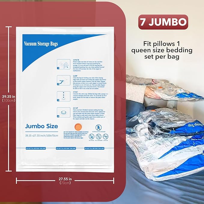 MEIQIHOME Vacuum Storage Bags, Space Saver Sealer Bags,Vacuum seal bags for clothing, Pillows, Comforters, Blankets, Bedding,