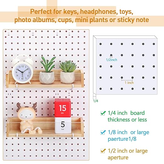 Marsui 2 Pcs Wooden Pegboard Shelf with Acrylic 12.2 x 3.94 Inch Wood Display Shelves Brackets with Metal Hooks Heavy Duty Pe