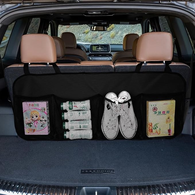 Car Trunk Organizer, Large Capacity Backseat Hanging Storage Bag with 4 Pockets, Waterproof Foldable Car Interior