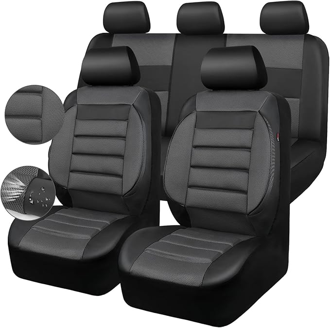 CAR PASS Leather 3D Foam Back Support Car Seat Covers Full Set Air Mesh Automotive Seat Covers, All Season Car Seat Cover Fit