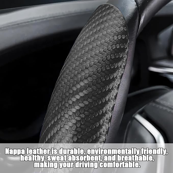 Mandark 3PCS Carbon Fiber Car Steering Wheel Cover, Anti-Skid Leather Vehicle Segmented Steer Wheel Protector, Auto Interior 