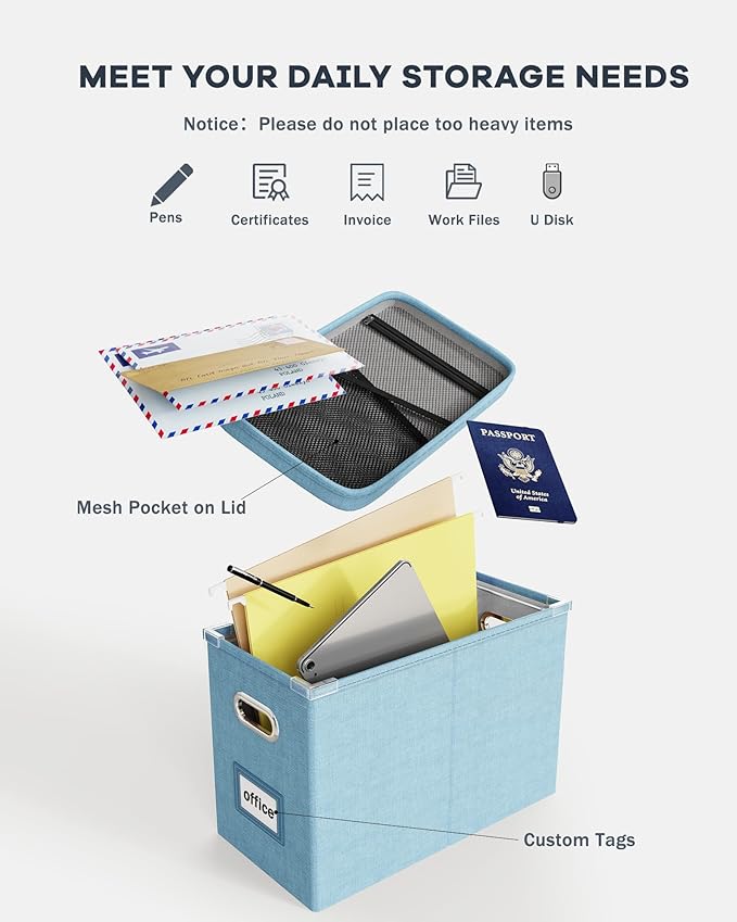 Oterri Portable Document Organizer with Lid, Hanging Storage Box with Mesh Pocket for Letter Files, Smooth Sliding Rail - Sky