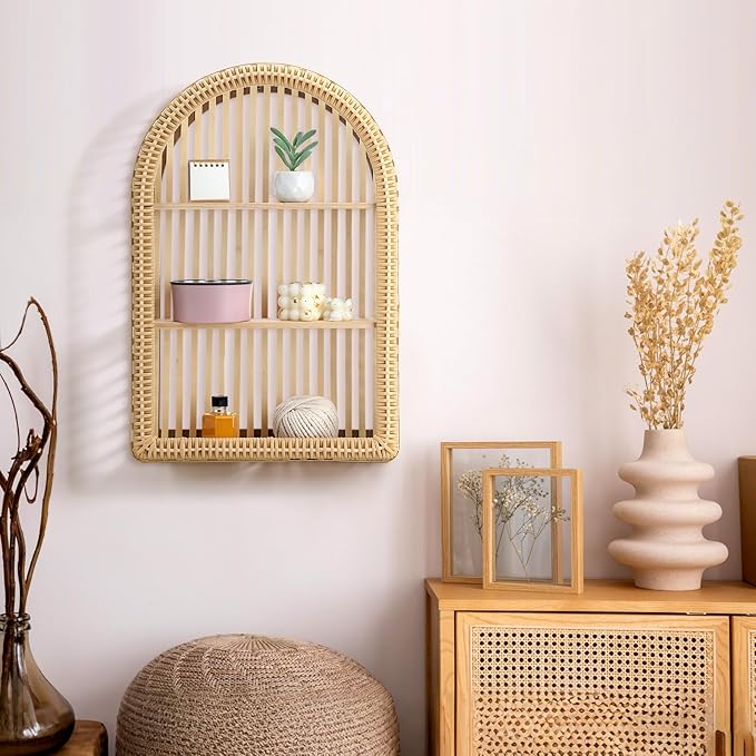Rattan Wall Shelf 3 Tier Boho Wall Mounted Shelf 15.75" x 23.62" Farmhouse Handcraft Bamboo Arched Floating Shelves for Livin