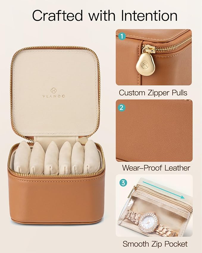VLANDO Travel Jewelry Case,Valentines Gifts,Small Jewelry Box Organizer,Travel Jewelry Storage with 6 Velvet Jewelry Zipper P