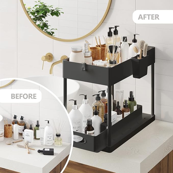 Under Sink Organizers and Storage, Bathroom Cabinet Organizer, Sink Shelf with Utility Hooks and Side Caddy for Under Cabinet