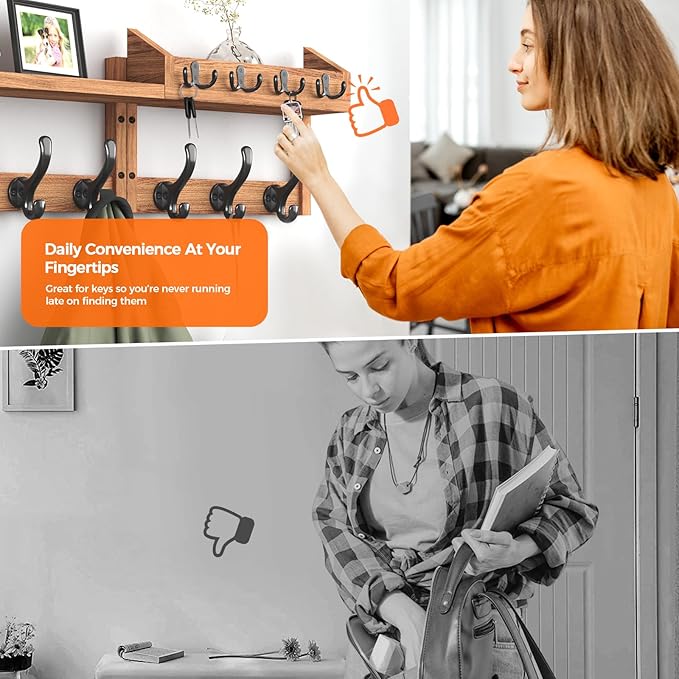 Evermagin 29" Coat Rack Wall Mount with Shelf, 4 in 1 Wall Mounted Coat and Key Hanger with 11 Hooks, Entryway Key Holder wit