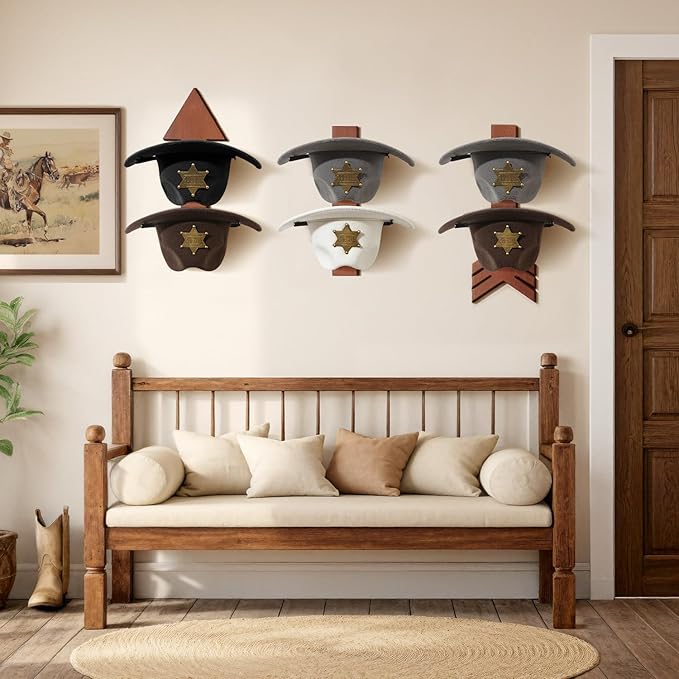 Cowboy Hat Holder for Wall 6 Pieces Arrow Solid Wood with Metal Western Hat Rack Wall Decor Hat Organizer Hanger Storage for 